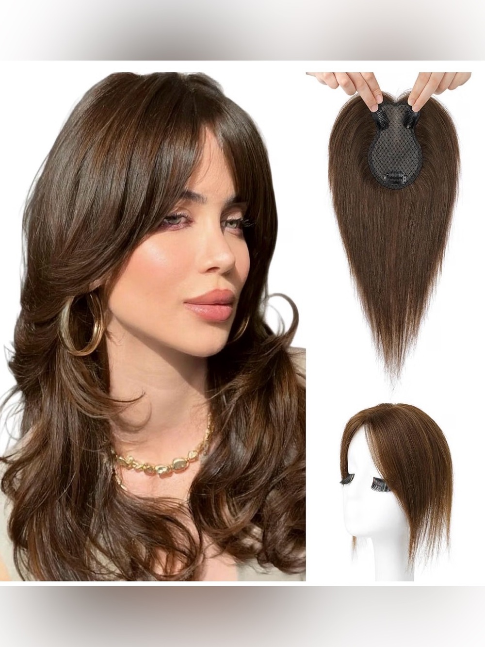 100% Real Human Hair Topper, 10” Clip in for Thinning Hair,360°3D Medium Brown